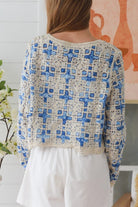 Blue embroidered cotton boho cardigan Australia open weave lightweight cardigan textured detail relaxed fit