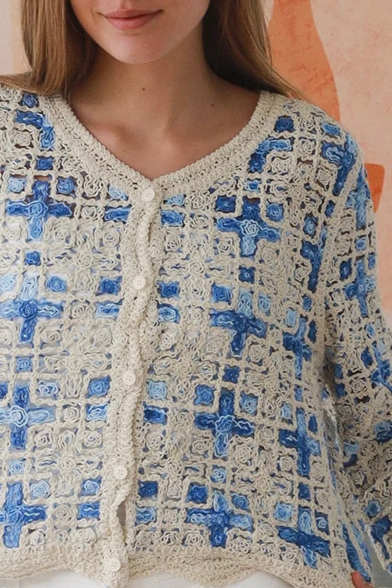 Blue embroidered cotton boho cardigan Australia open weave lightweight cardigan textured detail relaxed fit