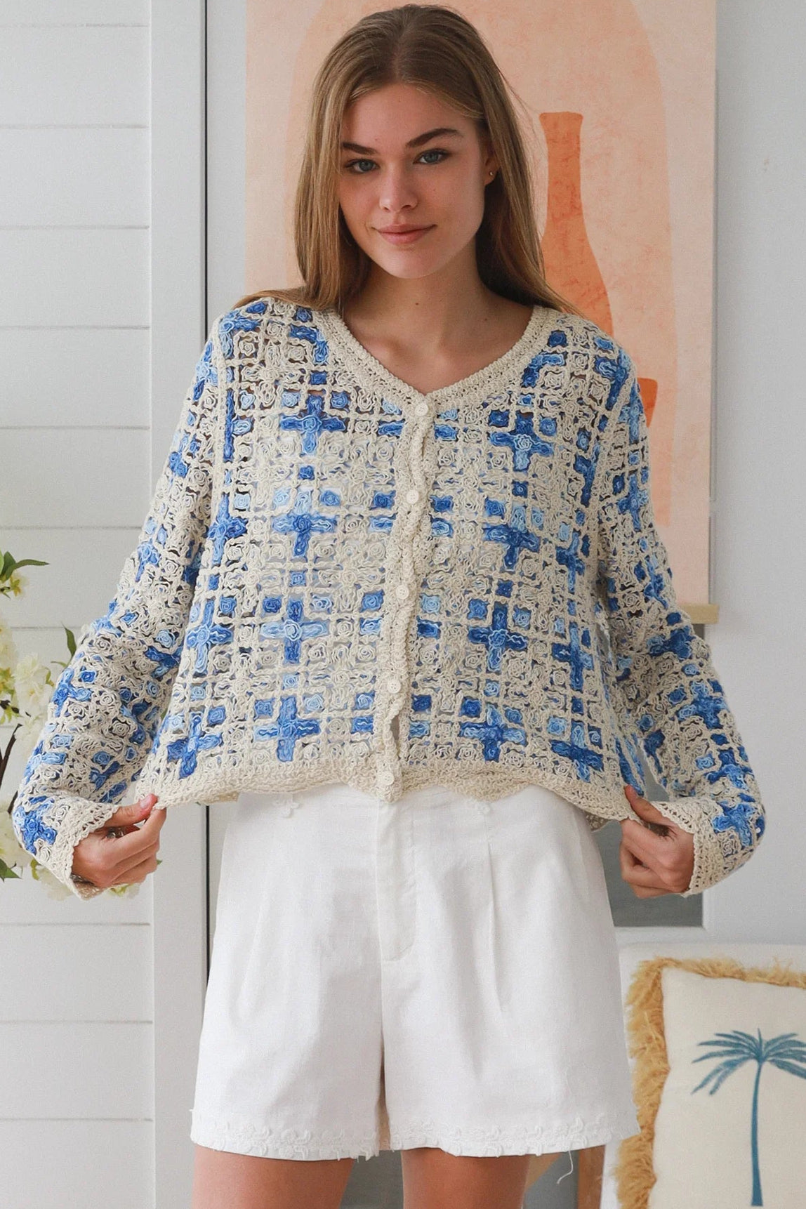 Blue embroidered cotton boho cardigan Australia open weave lightweight cardigan textured detail relaxed fit