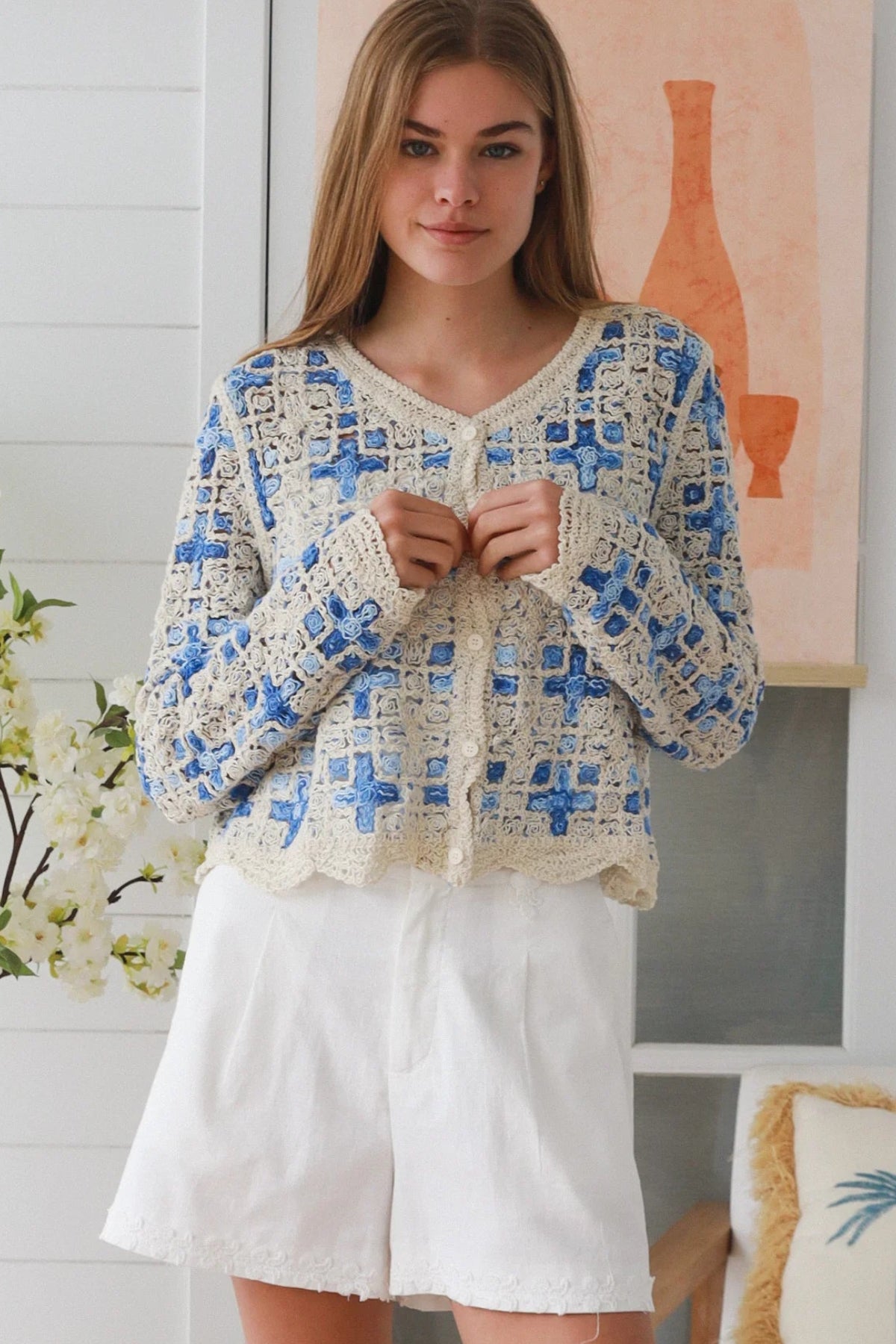 Blue embroidered cotton boho cardigan Australia open weave lightweight cardigan textured detail relaxed fit