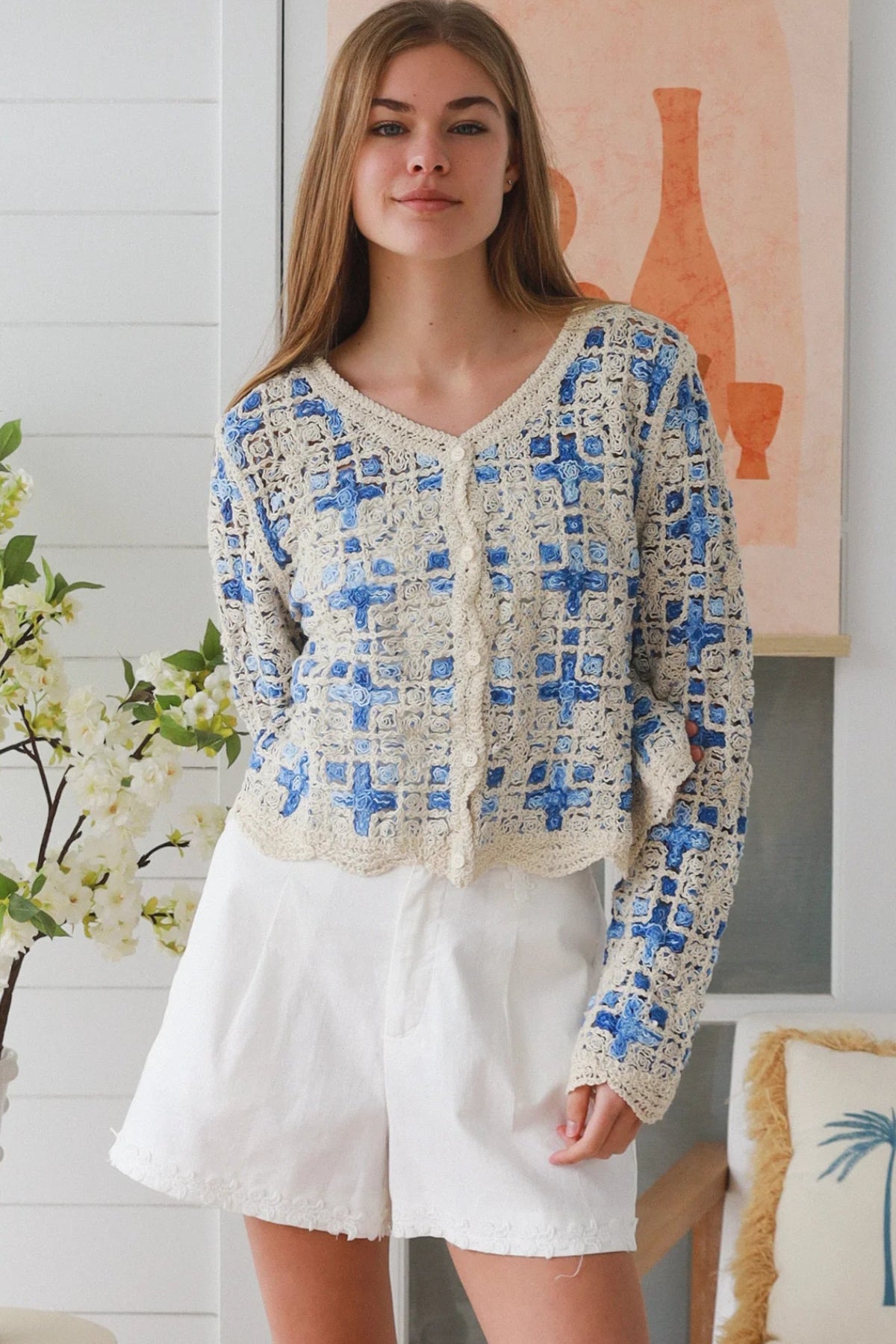 Blue embroidered cotton boho cardigan Australia open weave lightweight cardigan textured detail relaxed fit