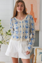 Blue embroidered cotton boho cardigan Australia open weave lightweight cardigan textured detail relaxed fit