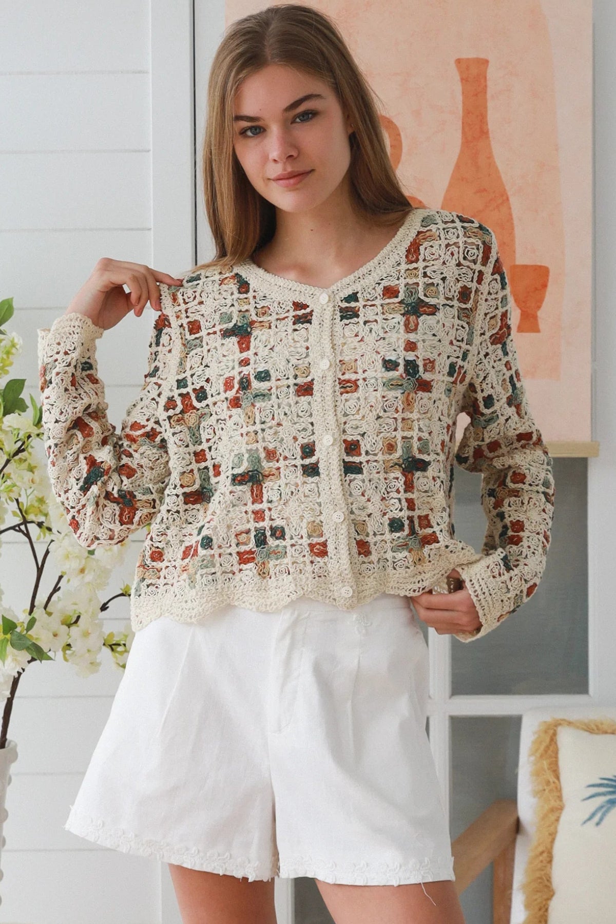 Ivory embroidered cotton boho cardigan Australia open weave lightweight cardigan relaxed fit