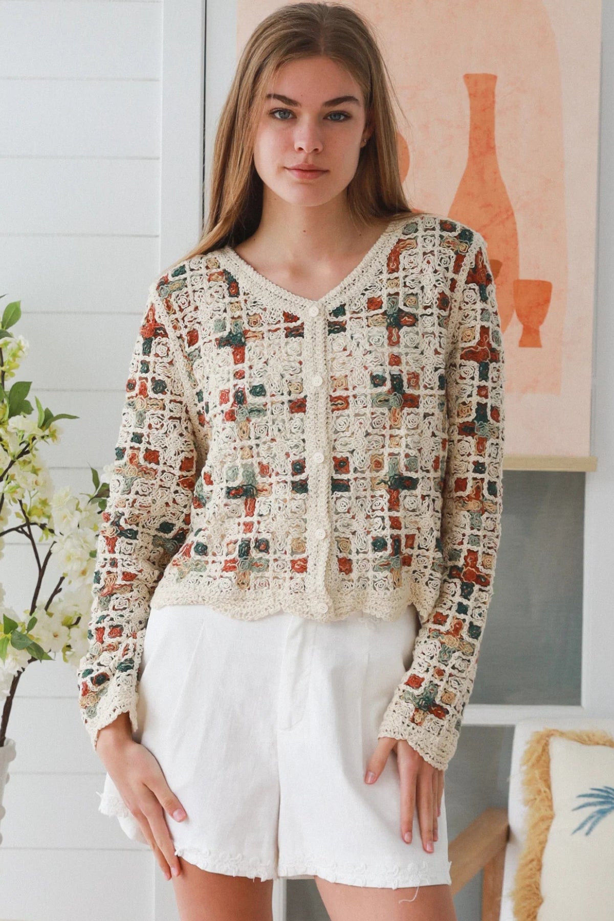 Ivory embroidered cotton boho cardigan Australia open weave lightweight cardigan relaxed fit