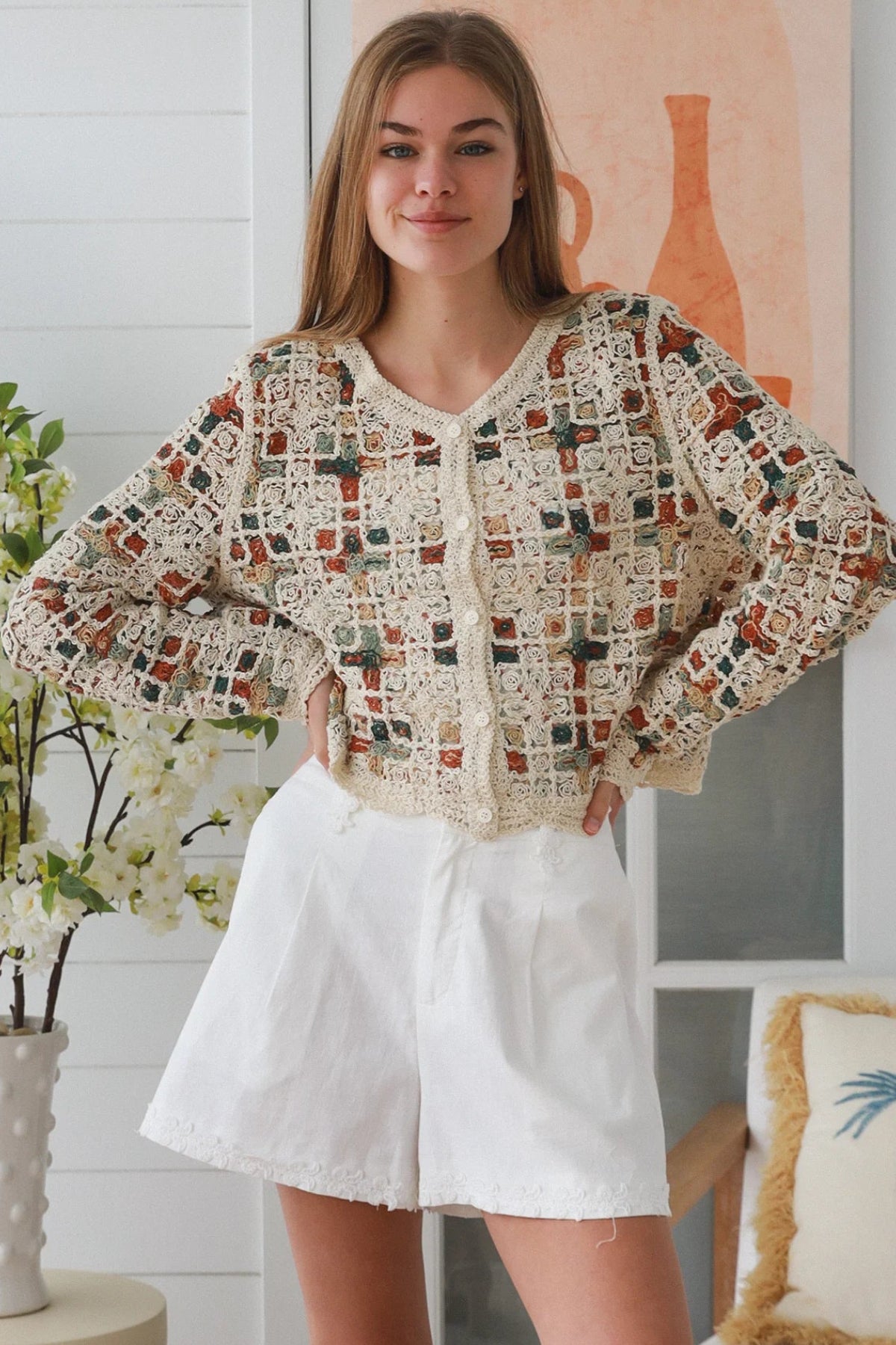 Ivory embroidered cotton boho cardigan Australia open weave lightweight cardigan relaxed fit