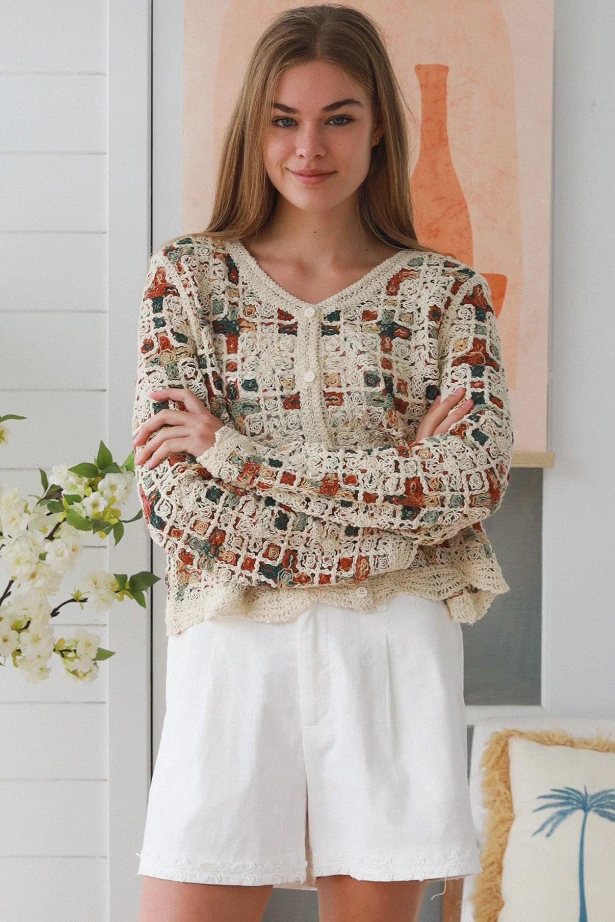 Ivory embroidered cotton boho cardigan Australia open weave lightweight cardigan relaxed fit