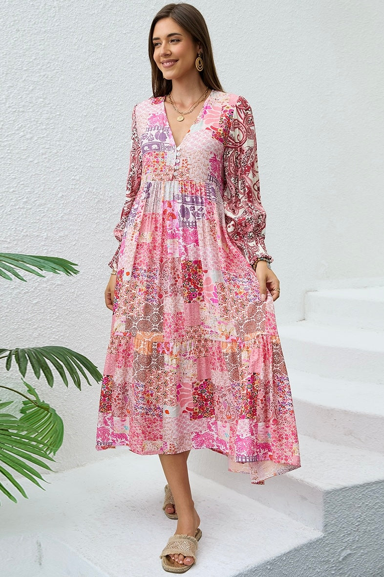 Boho woman in Sweet Dreams Fleur Midi Dress with patchwork florals and paisley prints - Bohemian Dresses Australia Bohemian Love Runway 