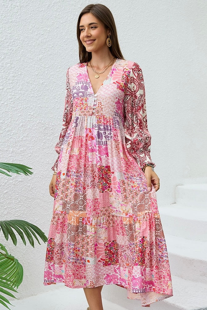 Boho woman in Sweet Dreams Fleur Midi Dress with patchwork florals and paisley prints - Bohemian Dresses Australia Bohemian Love Runway 