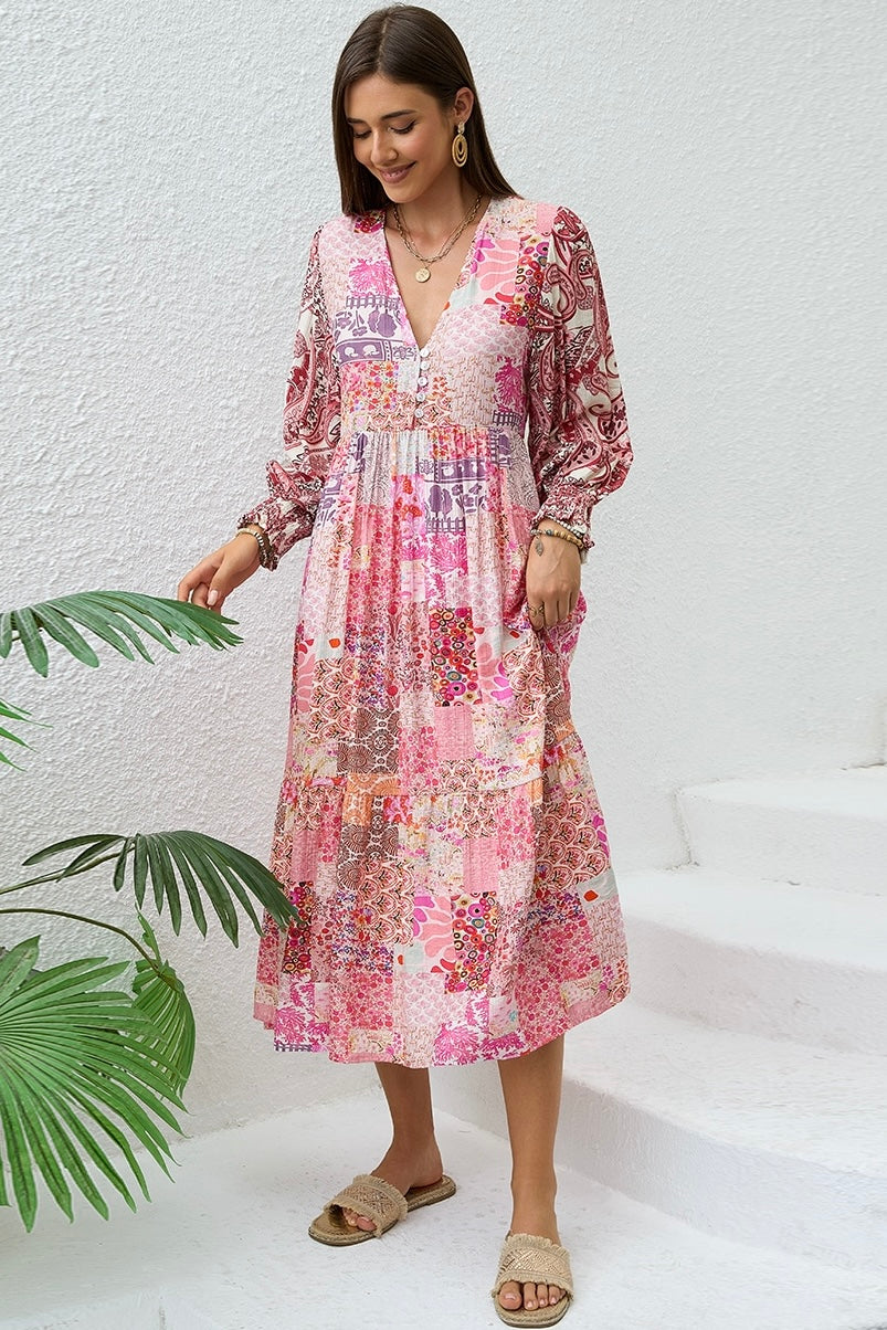 Boho woman in Sweet Dreams Fleur Midi Dress with patchwork florals and paisley prints - Bohemian Dresses Australia Bohemian Love Runway 