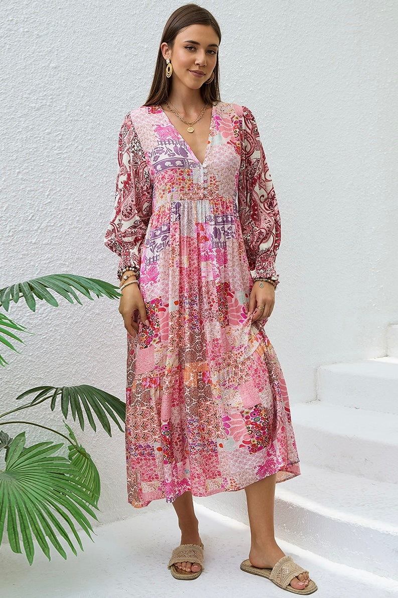 Boho woman in Sweet Dreams Fleur Midi Dress with patchwork florals and paisley prints - Bohemian Dresses Australia Bohemian Love Runway 