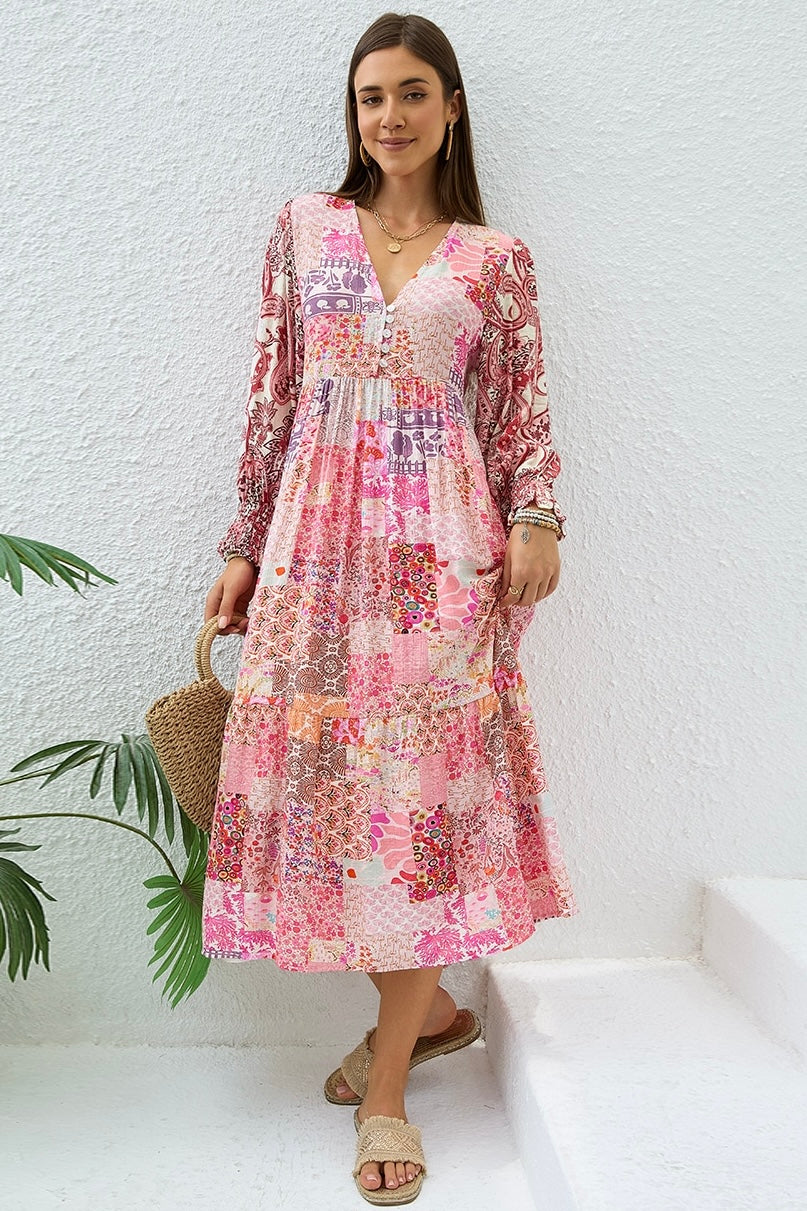 Boho woman in Sweet Dreams Fleur Midi Dress with patchwork florals and paisley prints - Bohemian Dresses Australia Bohemian Love Runway 