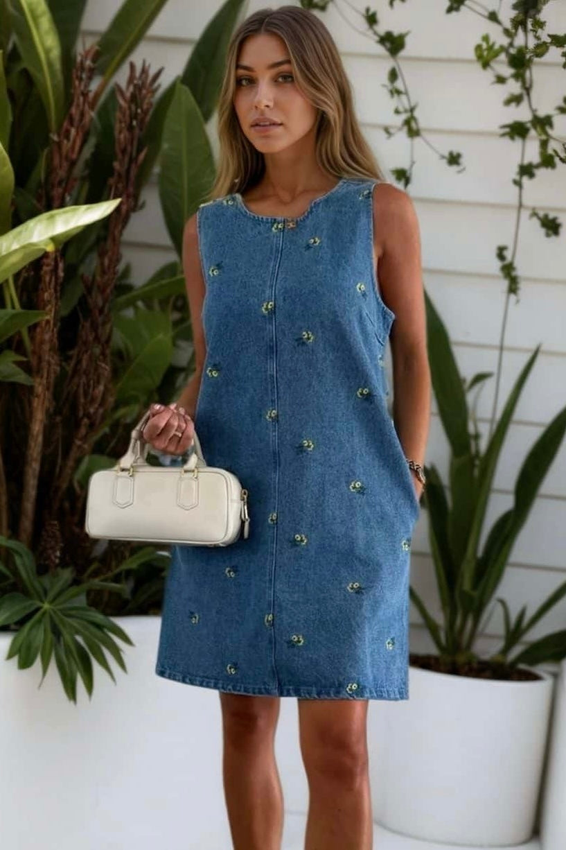 Embroidered denim sleeveless mini dress with back tie and pockets – boho chic everyday outfit Australia