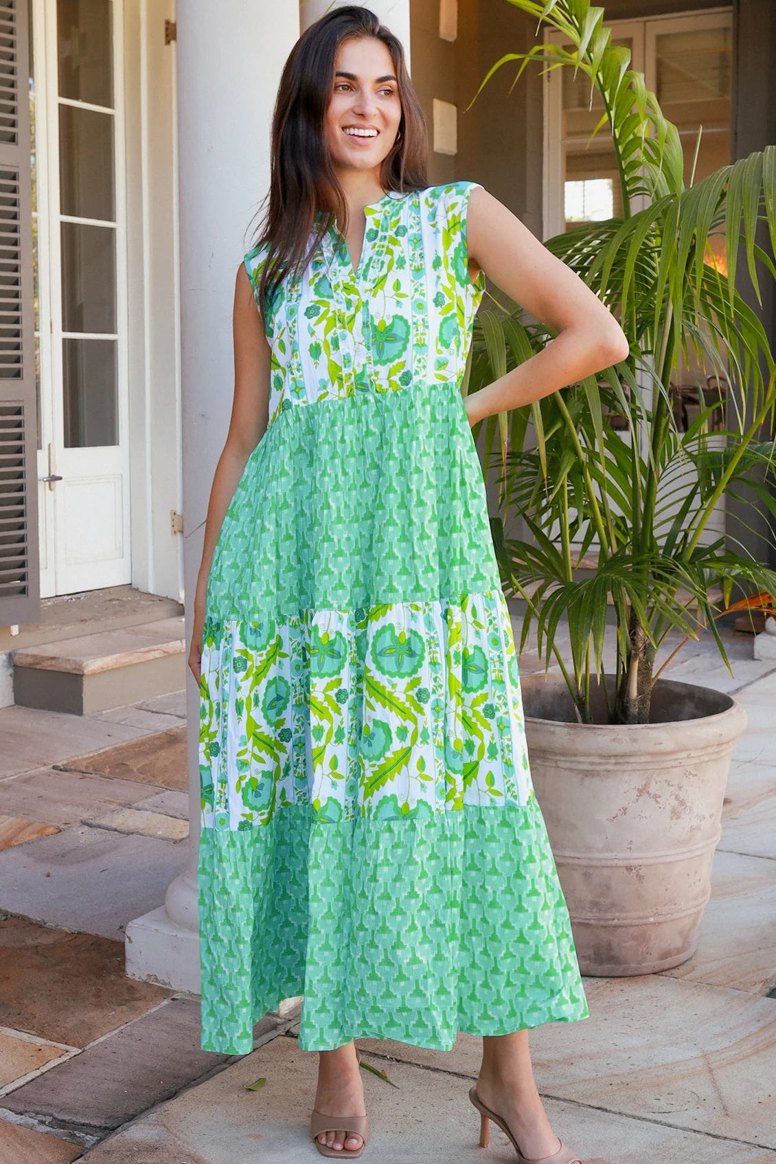 Maruka Green vintage-style tiered cotton maxi dress with sleeveless bodice, V-neckline, mandarin collar and pockets – boho summer style.