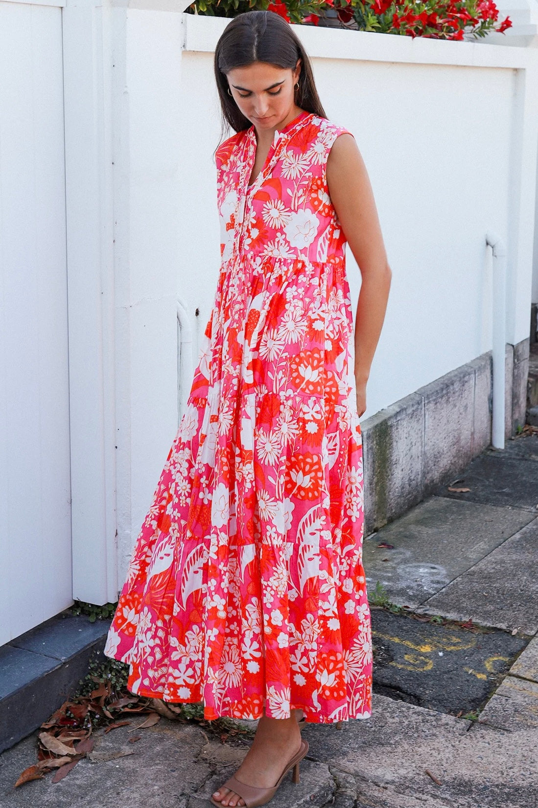 Roary Pink vintage floral tiered cotton maxi dress with V-neckline, mandarin collar and pockets – modern boho summer style