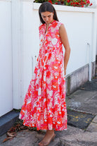 Roary Pink vintage floral tiered cotton maxi dress with V-neckline, mandarin collar and pockets – modern boho summer style
