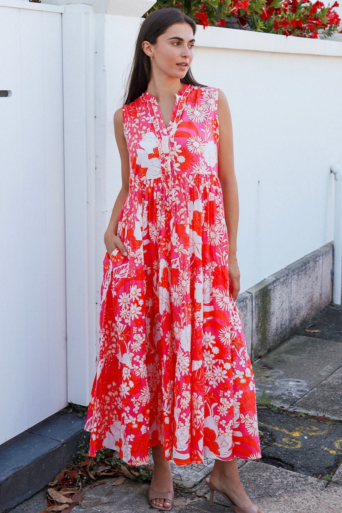 Roary Pink vintage floral tiered cotton maxi dress with V-neckline, mandarin collar and pockets – modern boho summer style