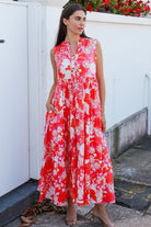 Roary Pink vintage floral tiered cotton maxi dress with V-neckline, mandarin collar and pockets – modern boho summer style