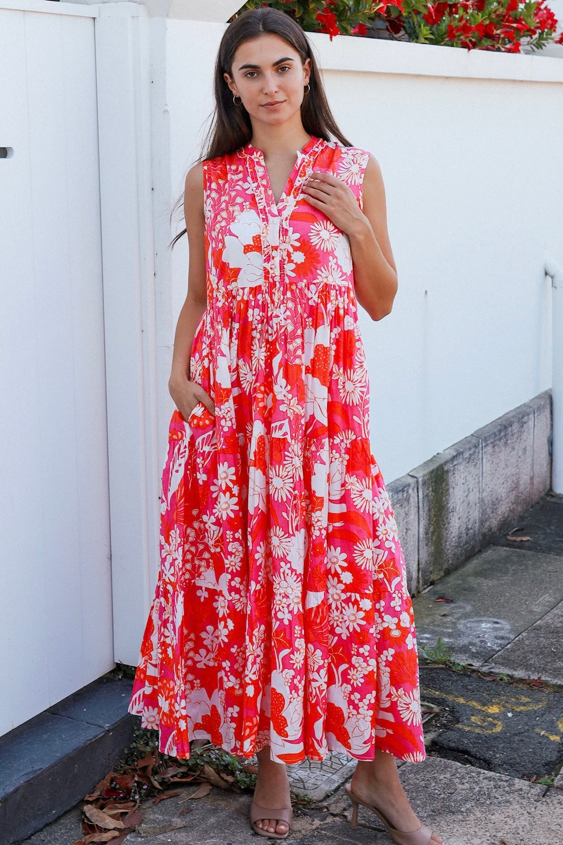 Roary Pink vintage floral tiered cotton maxi dress with V-neckline, mandarin collar and pockets – modern boho summer style