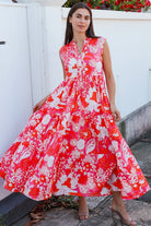 Roary Pink vintage floral tiered cotton maxi dress with V-neckline, mandarin collar and pockets – modern boho summer style