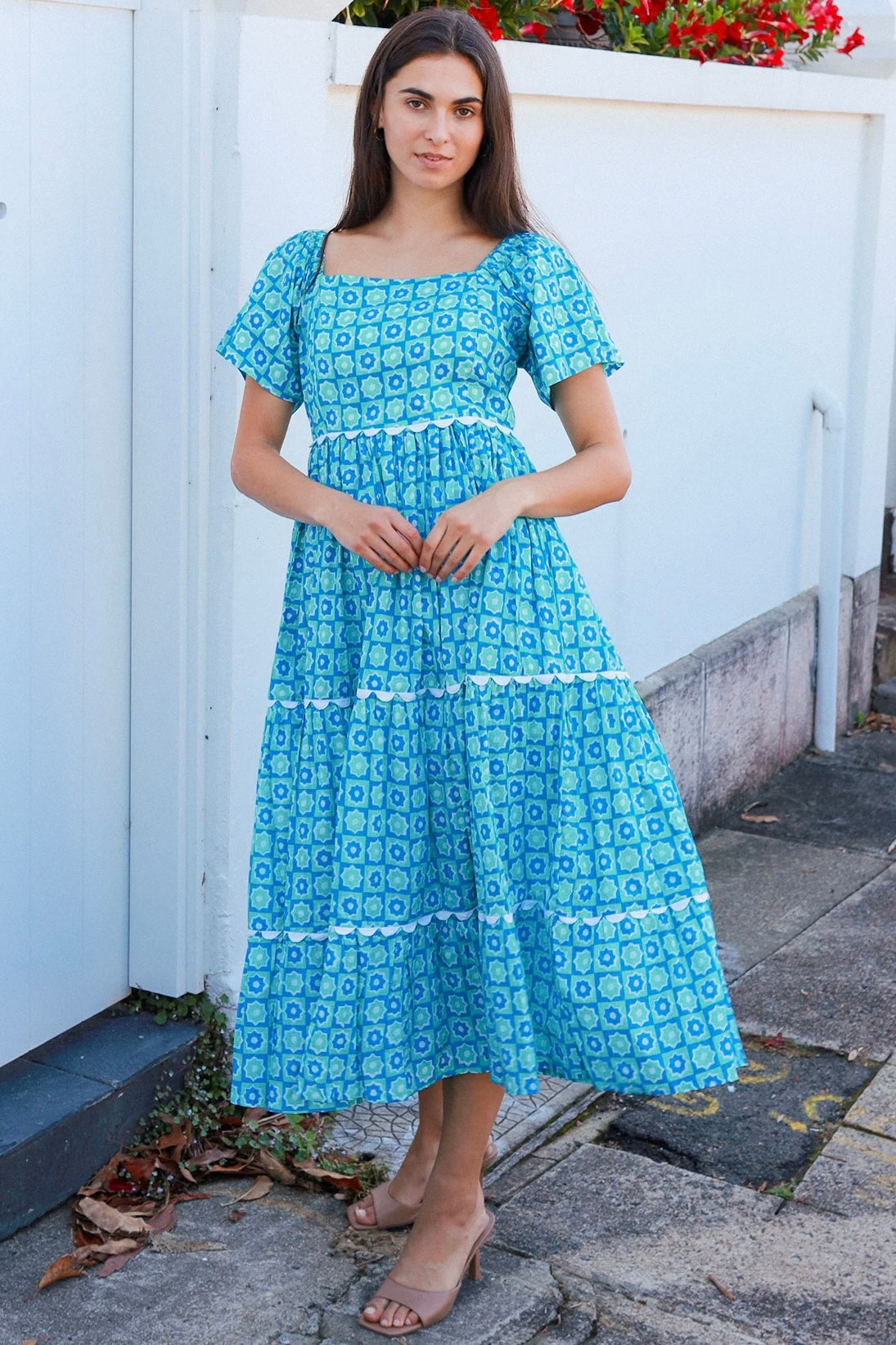 Blue green cotton boho midi dress with off shoulder elastic neckline and white lace inserts Colleton Bohemian Love Runway