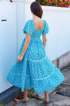 Blue green cotton boho midi dress with off shoulder elastic neckline and white lace inserts Colleton Bohemian Love Runway