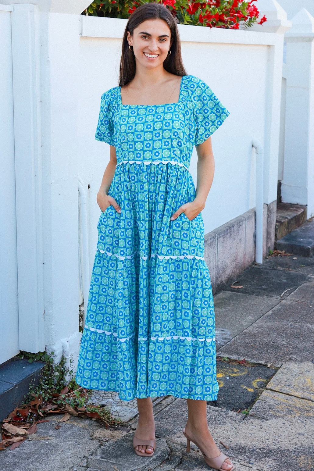Blue green cotton boho midi dress with off shoulder elastic neckline and white lace inserts Colleton Bohemian Love Runway