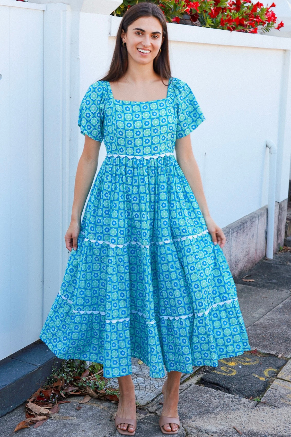 Blue green cotton boho midi dress with off shoulder elastic neckline and white lace inserts Colleton Bohemian Love Runway