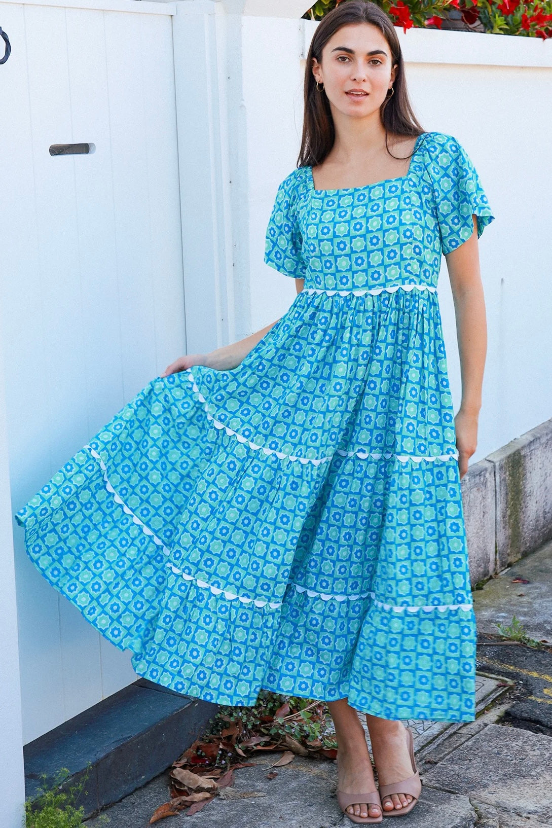 Blue green cotton boho midi dress with off shoulder elastic neckline and white lace inserts Colleton Bohemian Love Runway