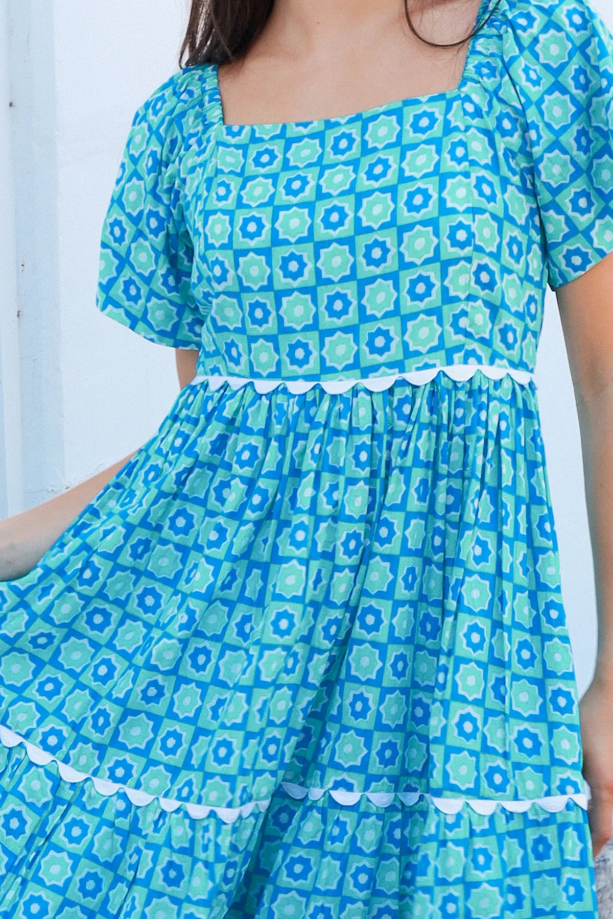 Blue green cotton boho midi dress with off shoulder elastic neckline and white lace inserts Colleton Bohemian Love Runway