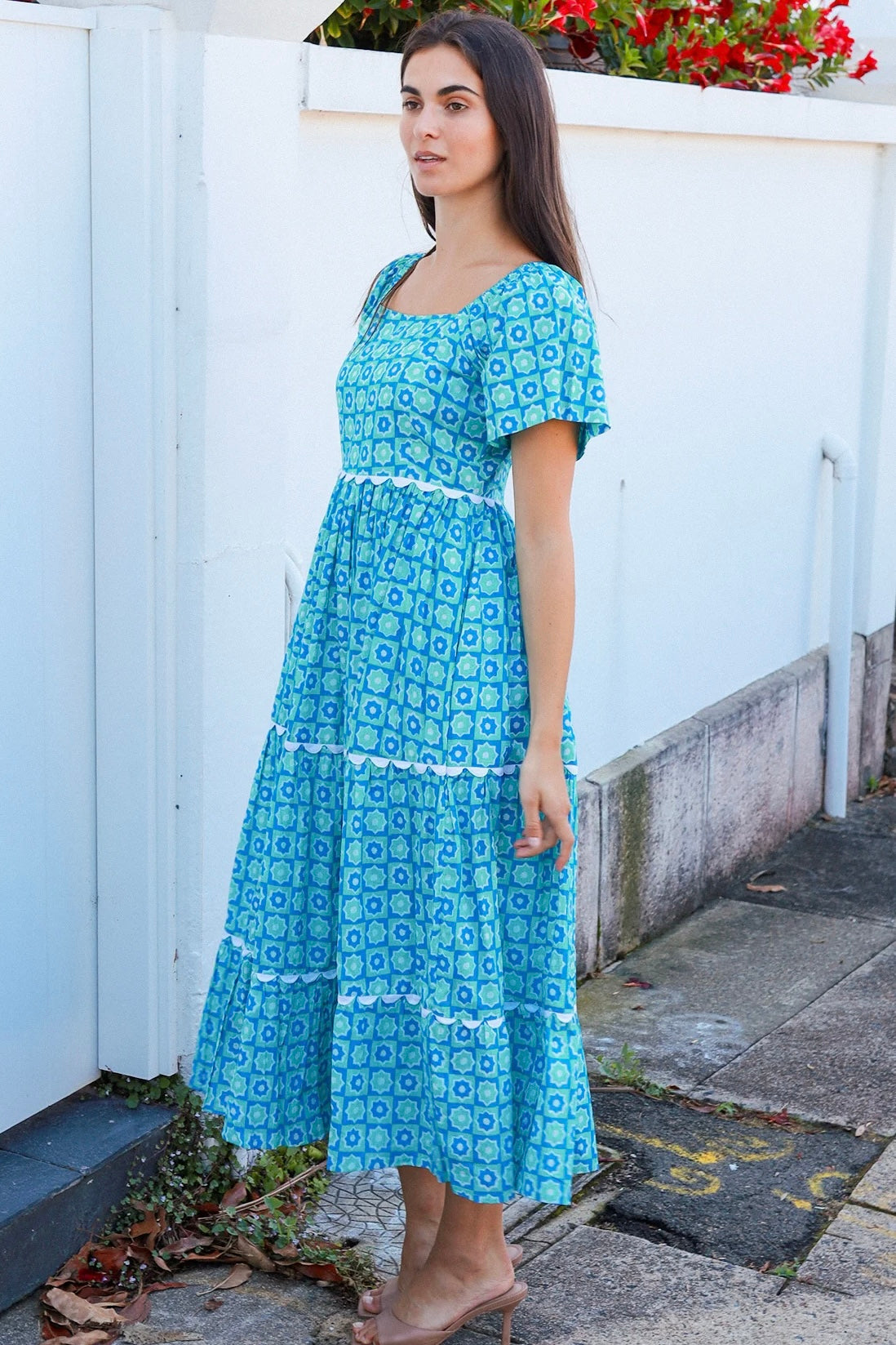 Blue green cotton boho midi dress with off shoulder elastic neckline and white lace inserts Colleton Bohemian Love Runway