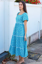 Blue green cotton boho midi dress with off shoulder elastic neckline and white lace inserts Colleton Bohemian Love Runway
