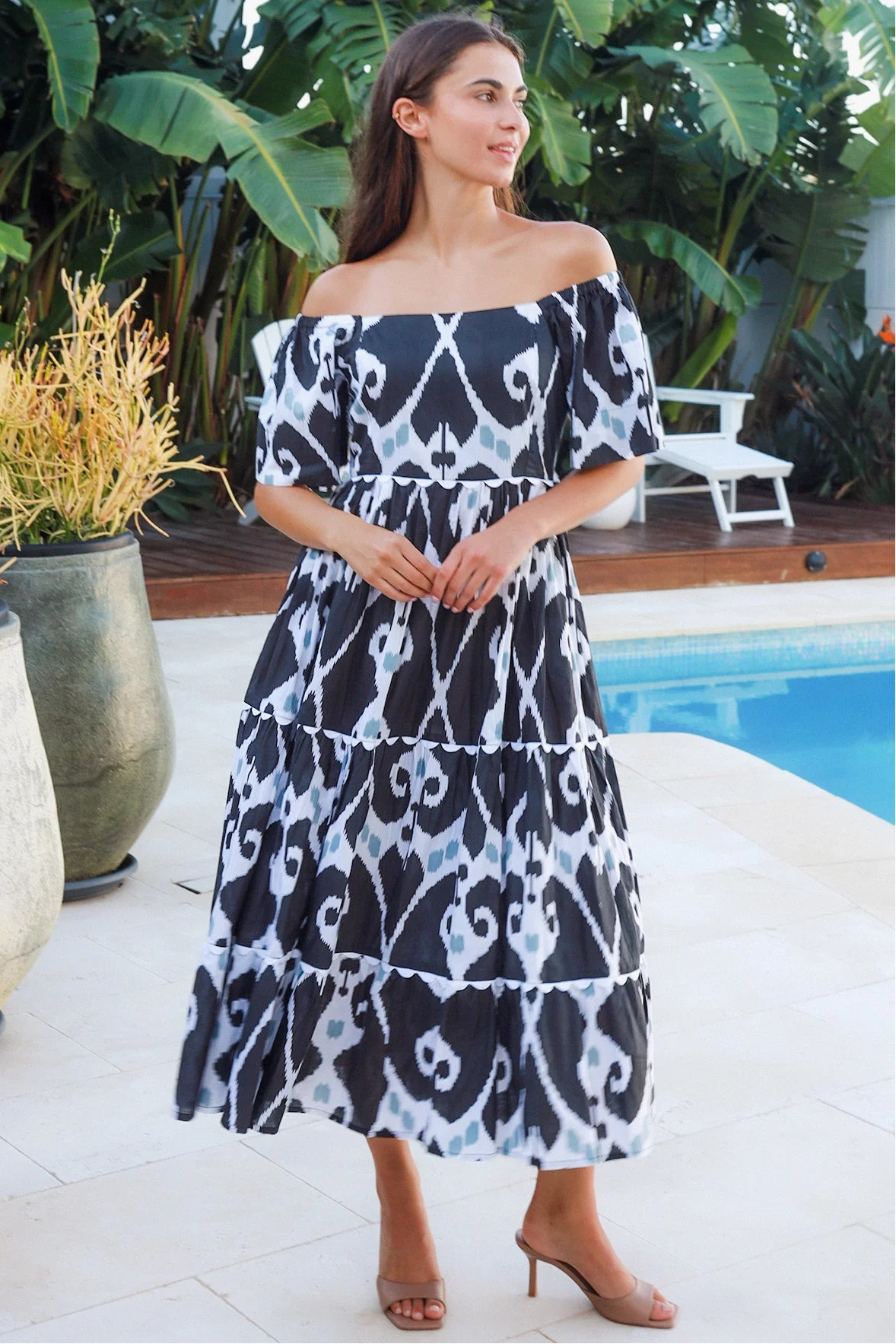Black ikat boho midi dress worn on or off shoulder with empire waist cotton lace trim tiers and shirred back panel