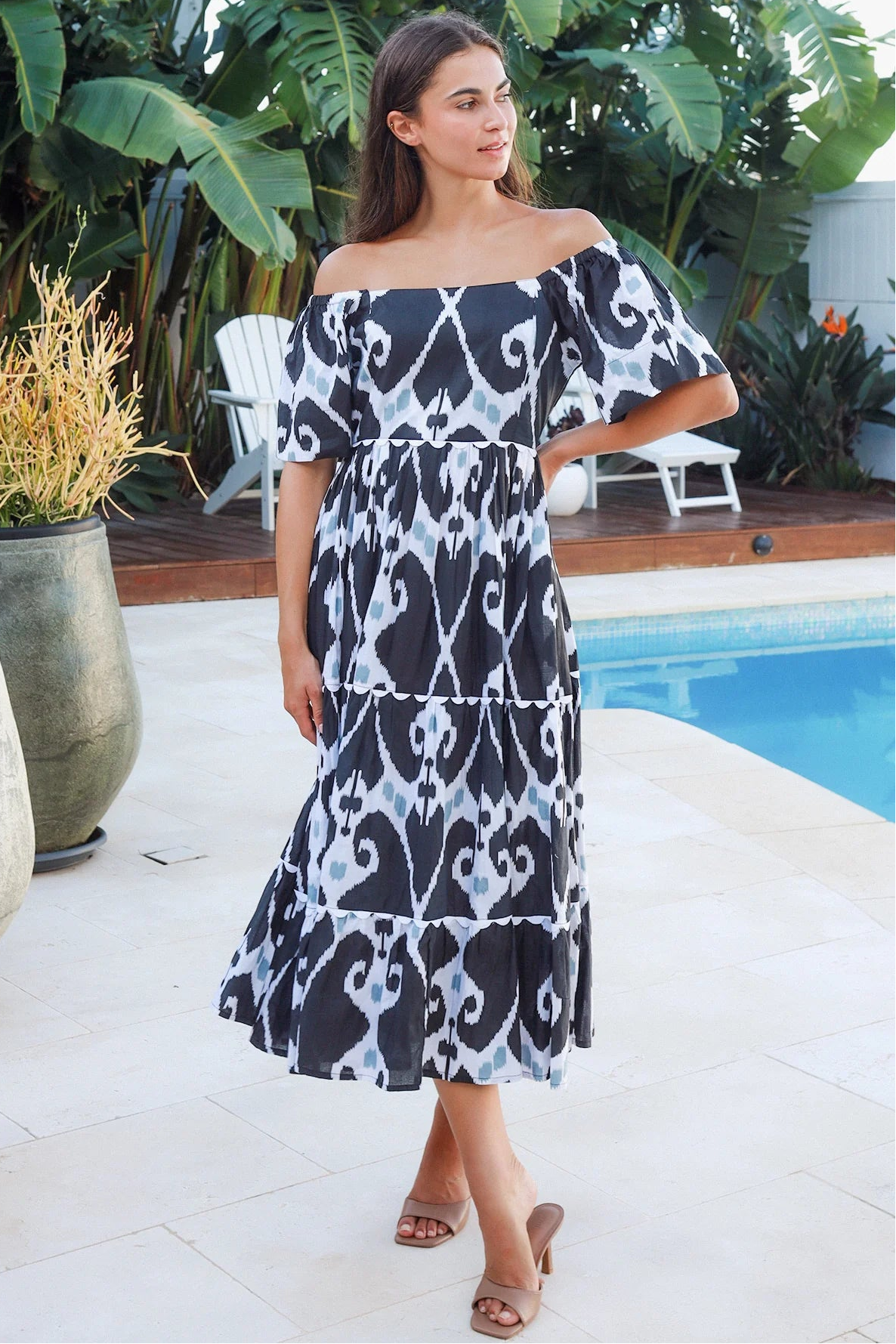 Black ikat boho midi dress worn on or off shoulder with empire waist cotton lace trim tiers and shirred back panel