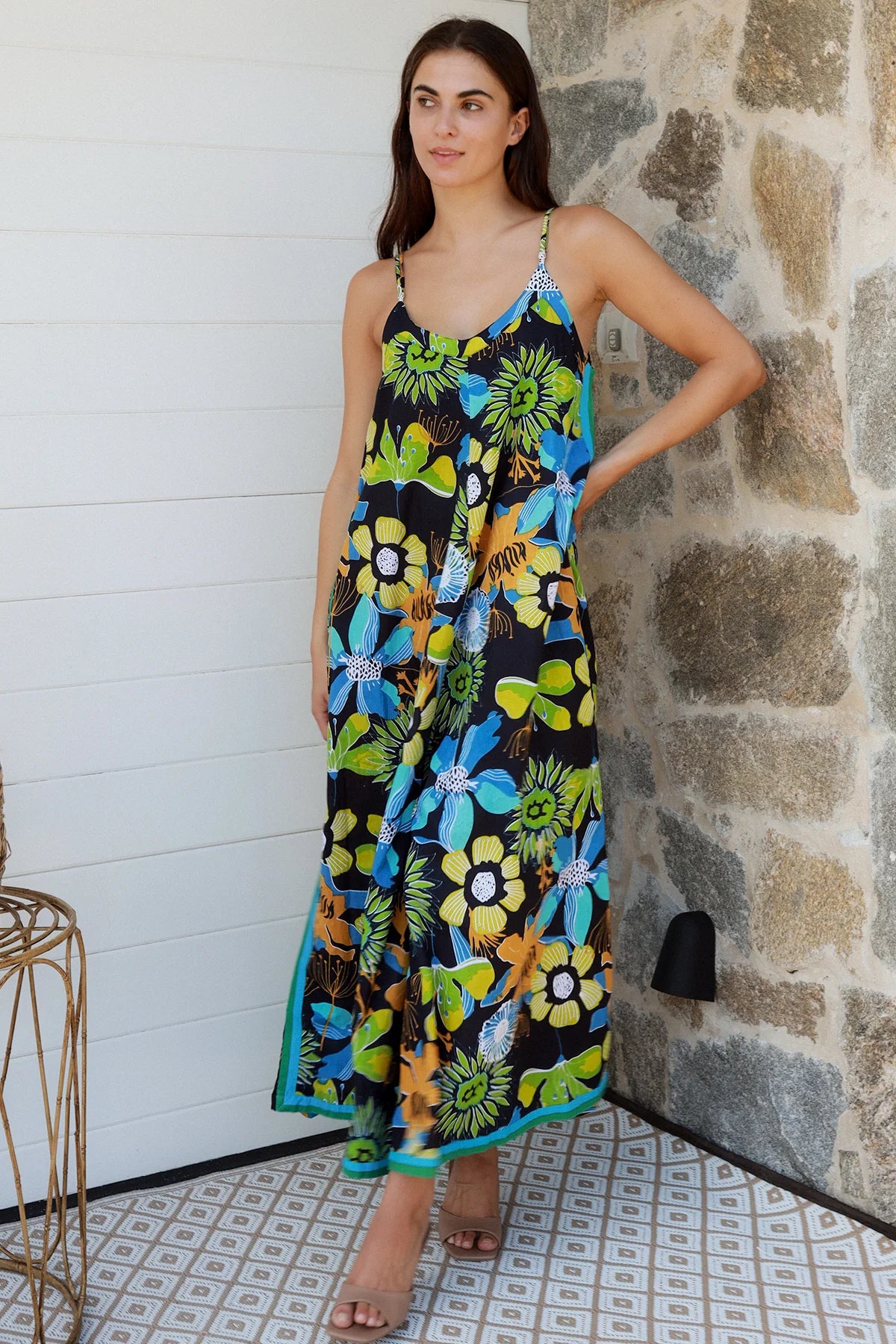 Woman in The Rio Jumpsuit — relaxed wide leg tropical boho jumpsuit with contrast side stripe | Bohemian Love Runway 