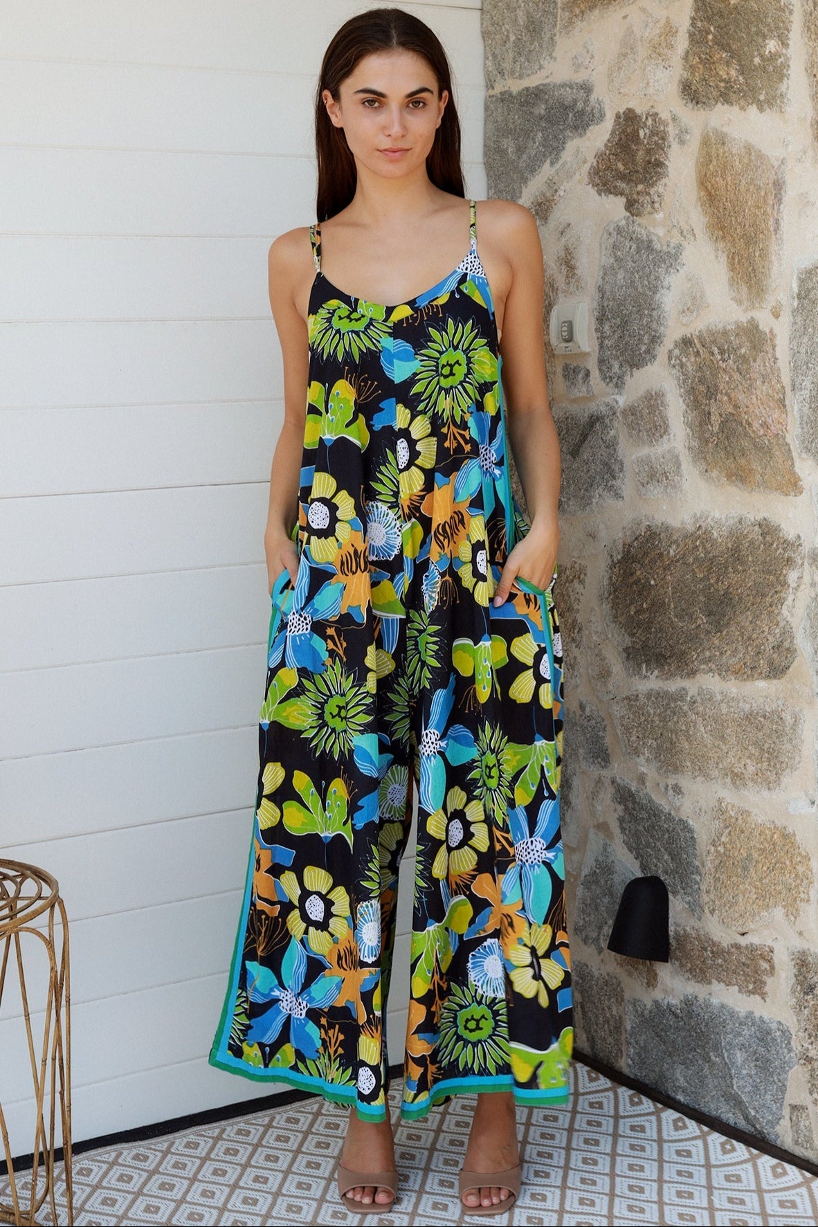 Woman in The Rio Jumpsuit — relaxed wide leg tropical boho jumpsuit with contrast side stripe | Bohemian Love Runway 