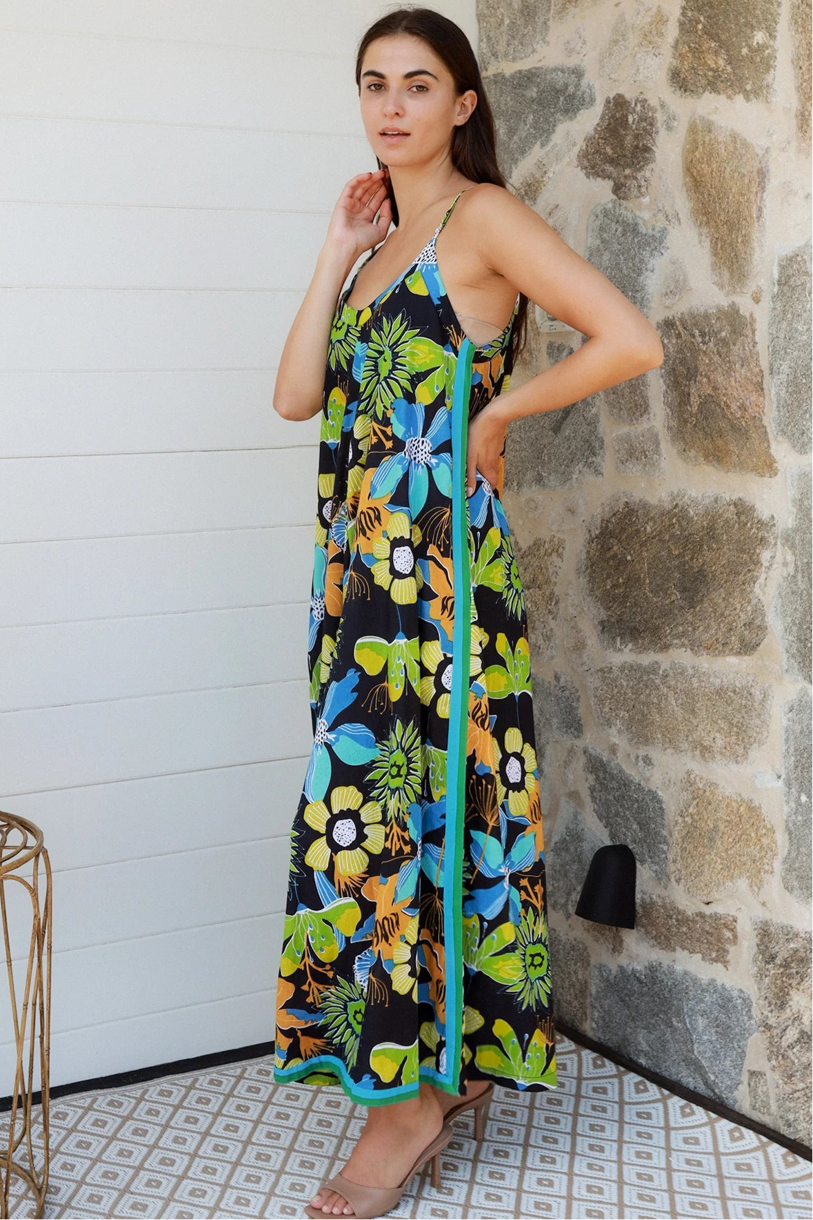 Woman in The Rio Jumpsuit — relaxed wide leg tropical boho jumpsuit with contrast side stripe | Bohemian Love Runway 