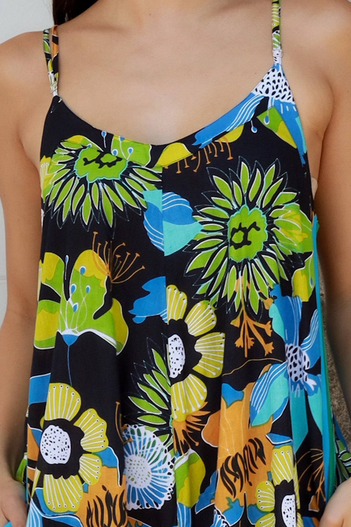 Woman in The Rio Jumpsuit — relaxed wide leg tropical boho jumpsuit with contrast side stripe | Bohemian Love Runway 