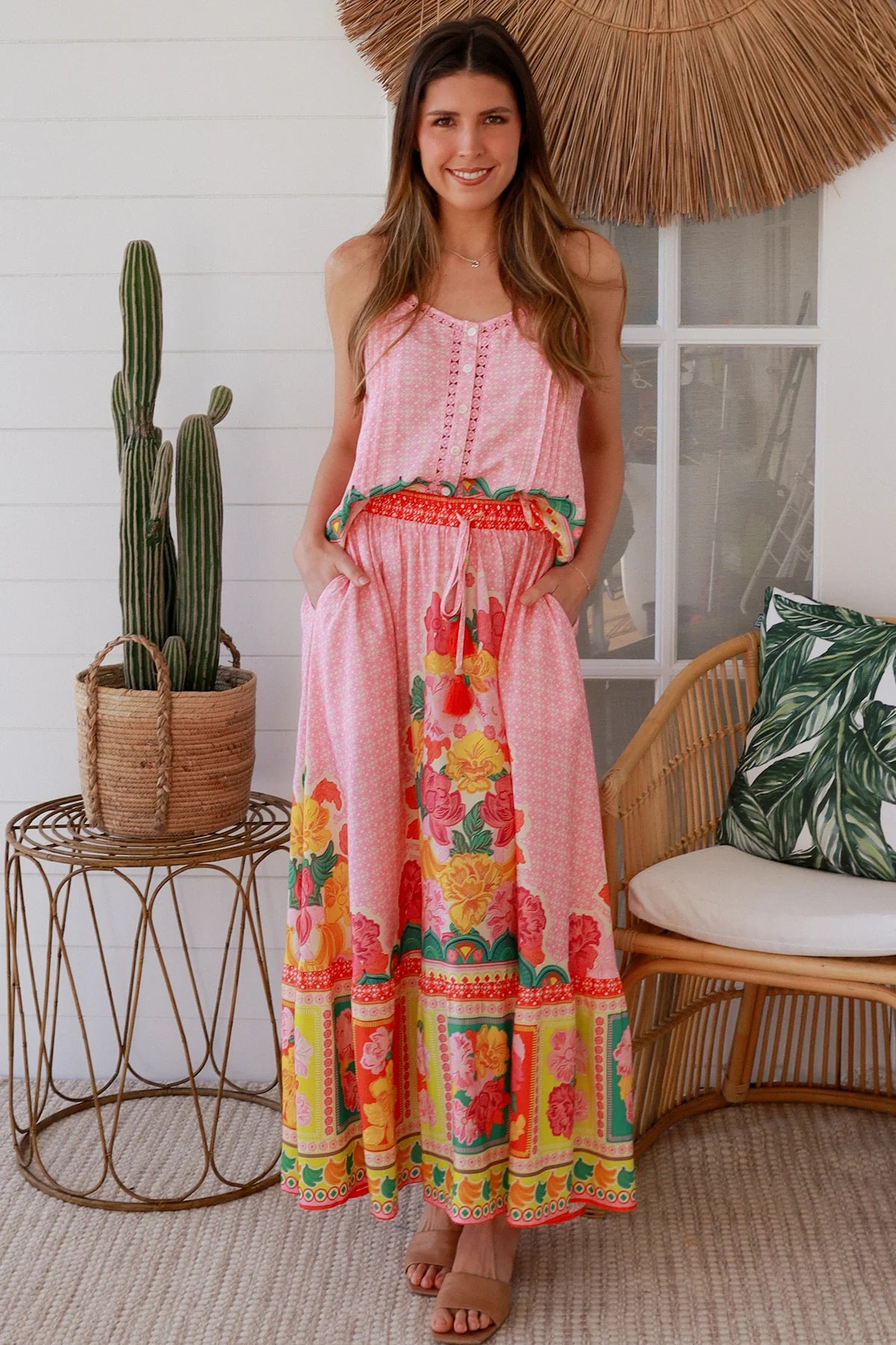 Blooming Romance Aura boho floral rayon maxi skirt with oversized frill hem and elastic boho tassel waist Australia.