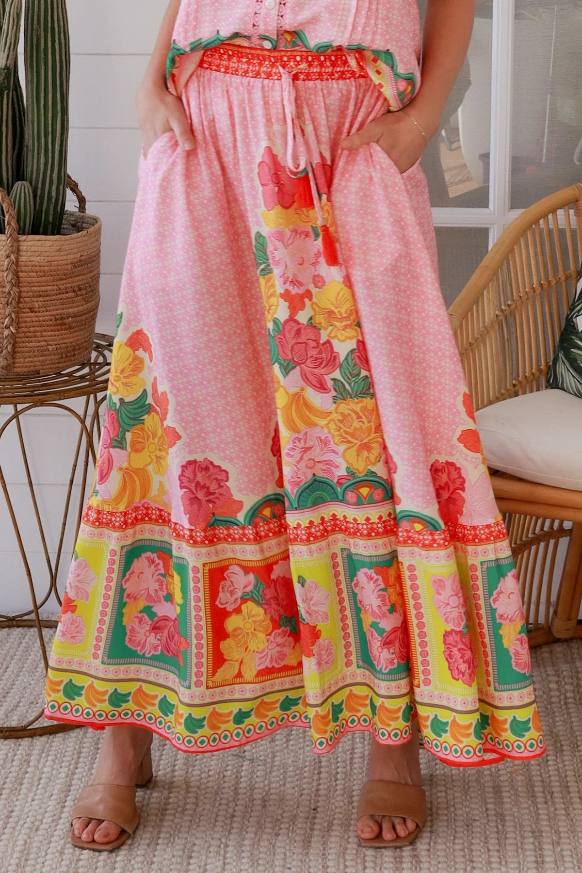 Blooming Romance Aura boho floral rayon maxi skirt with oversized frill hem and elastic boho tassel waist Australia.