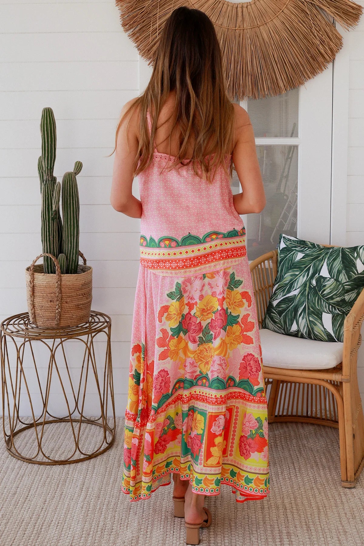 Blooming Romance Aura boho floral rayon maxi skirt with oversized frill hem and elastic boho tassel waist Australia.