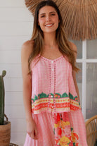 Blooming Romance Aura singlet top in rayon with cotton lace trim, adjustable straps, button front & pleating - boho tops Australia