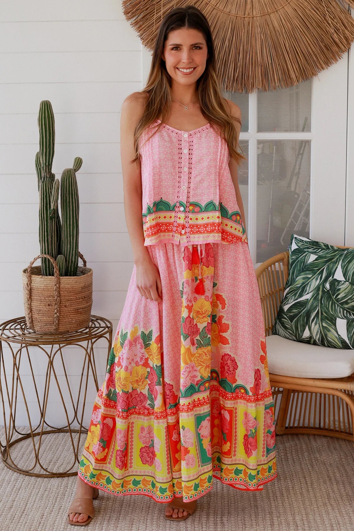 Blooming Romance Aura singlet top in rayon with cotton lace trim, adjustable straps, button front & pleating - boho tops Australia