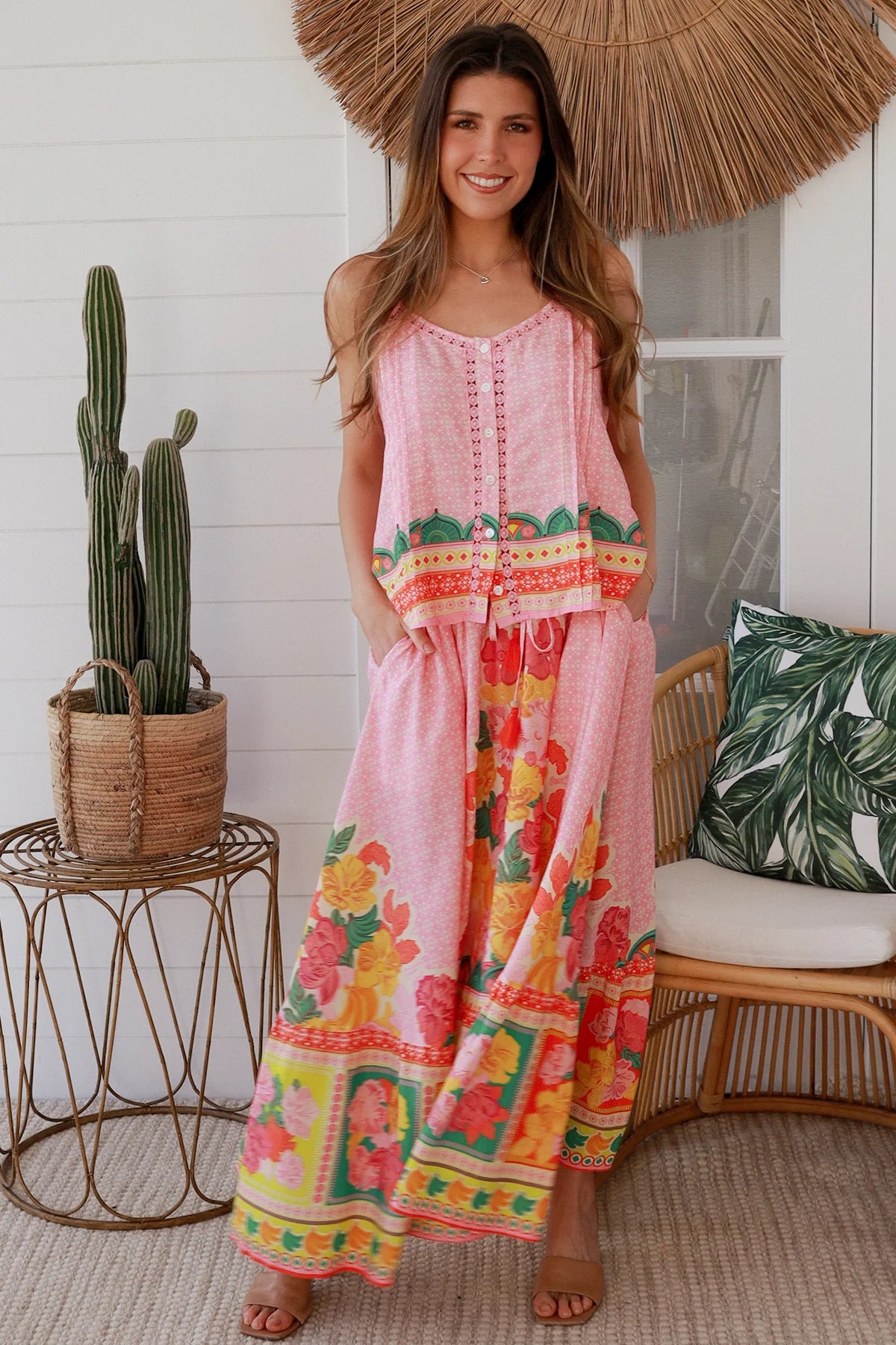 Blooming Romance Aura singlet top in rayon with cotton lace trim, adjustable straps, button front & pleating - boho tops Australia