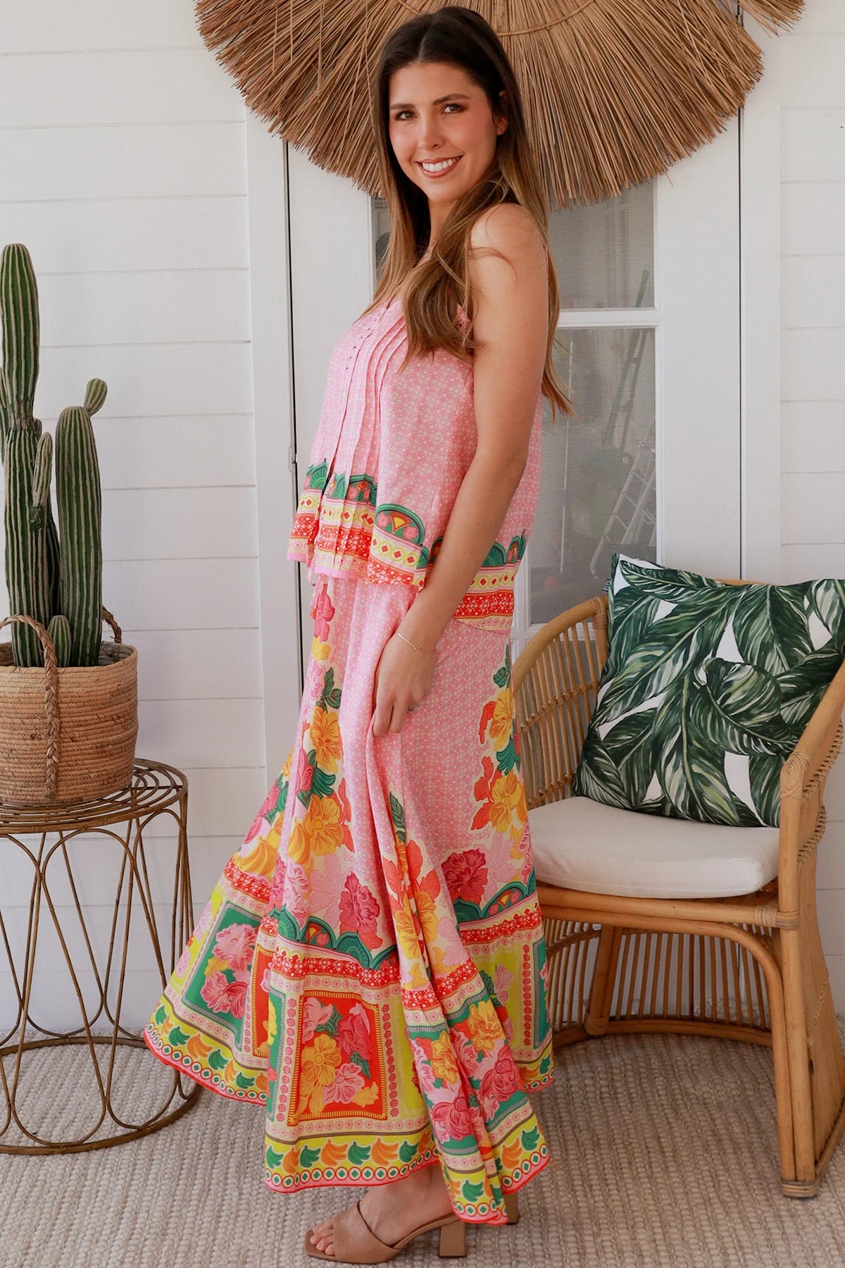 Blooming Romance Aura singlet top in rayon with cotton lace trim, adjustable straps, button front & pleating - boho tops Australia