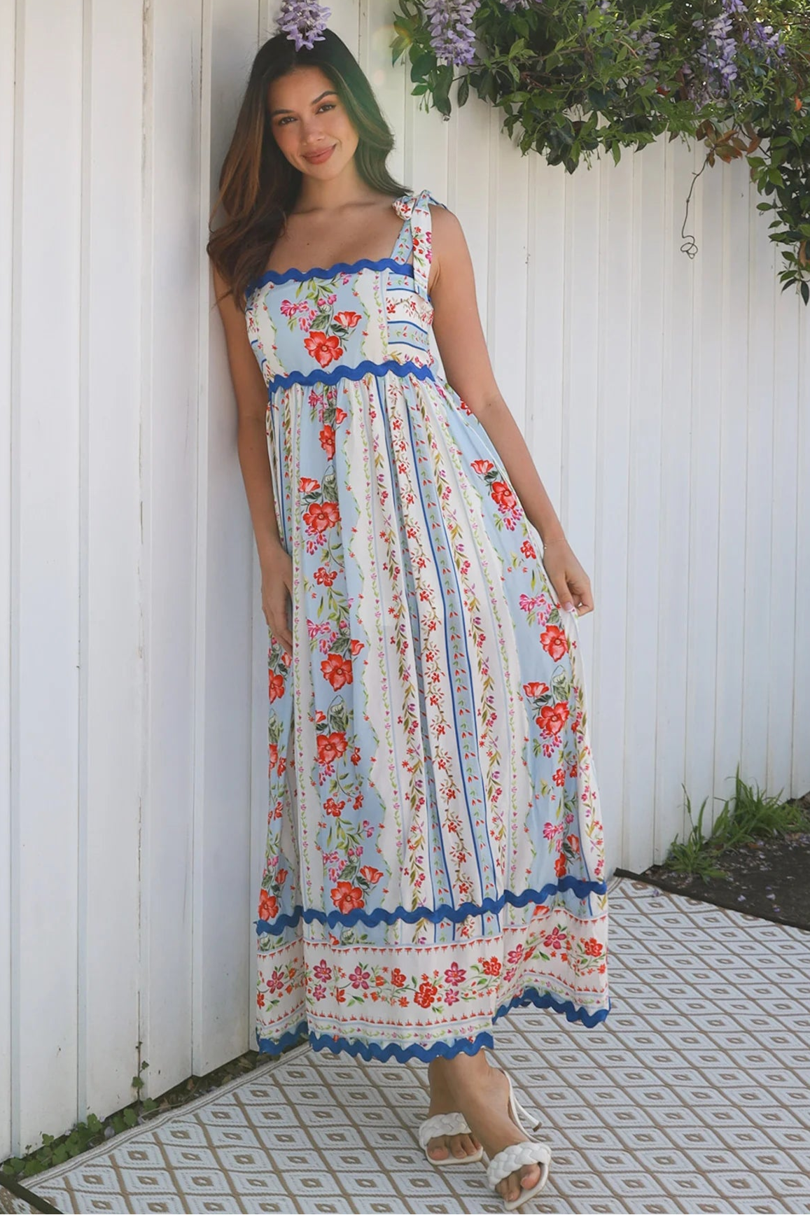 Boho Cherry Blossom Maxi Dress in sky blue with pink and yellow floral print, zig-zag lace, pockets - maxi dresses Australia