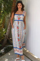 Boho Cherry Blossom Maxi Dress in sky blue with pink and yellow floral print, zig-zag lace, pockets - maxi dresses Australia