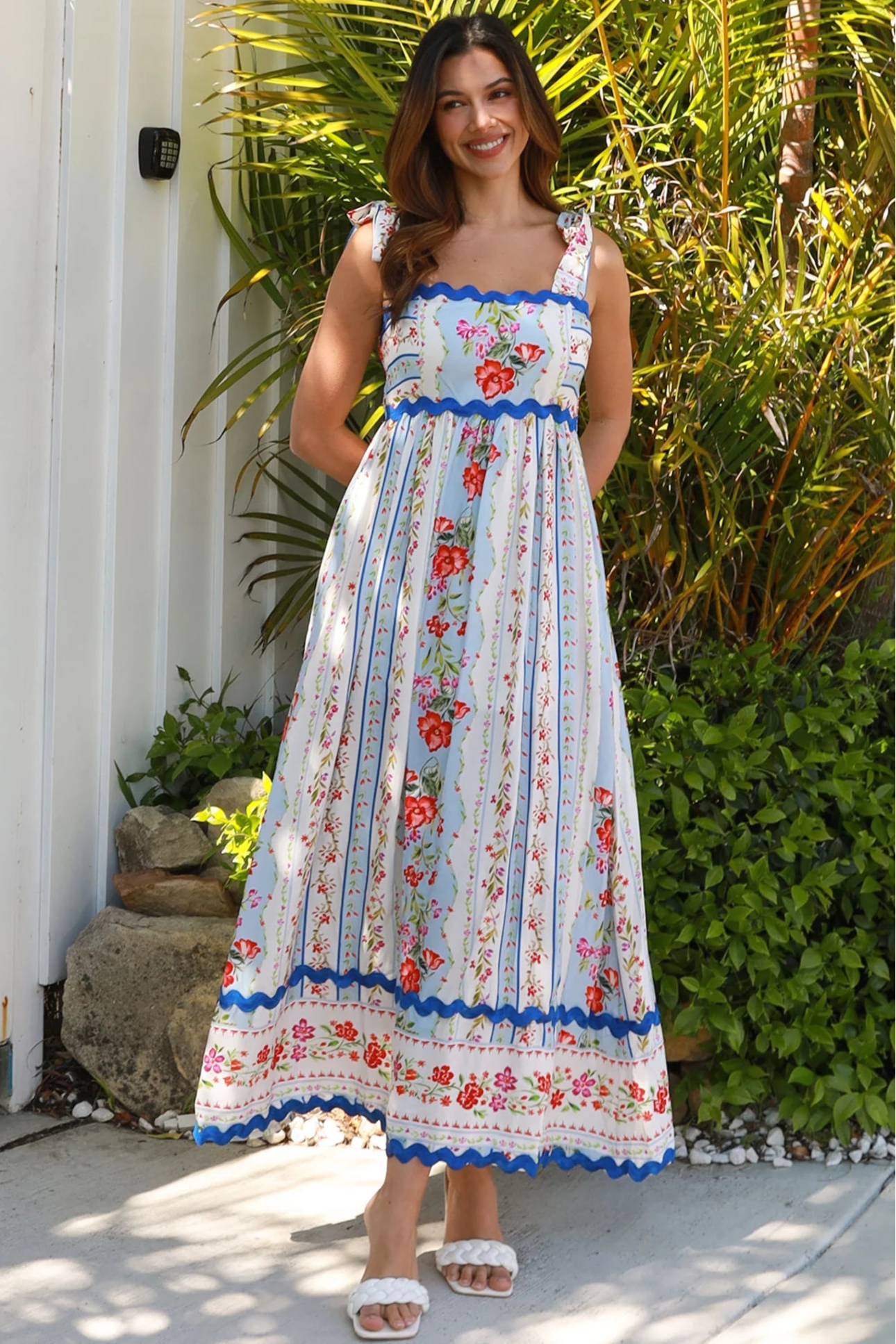Boho Cherry Blossom Maxi Dress in sky blue with pink and yellow floral print, zig-zag lace, pockets - maxi dresses Australia