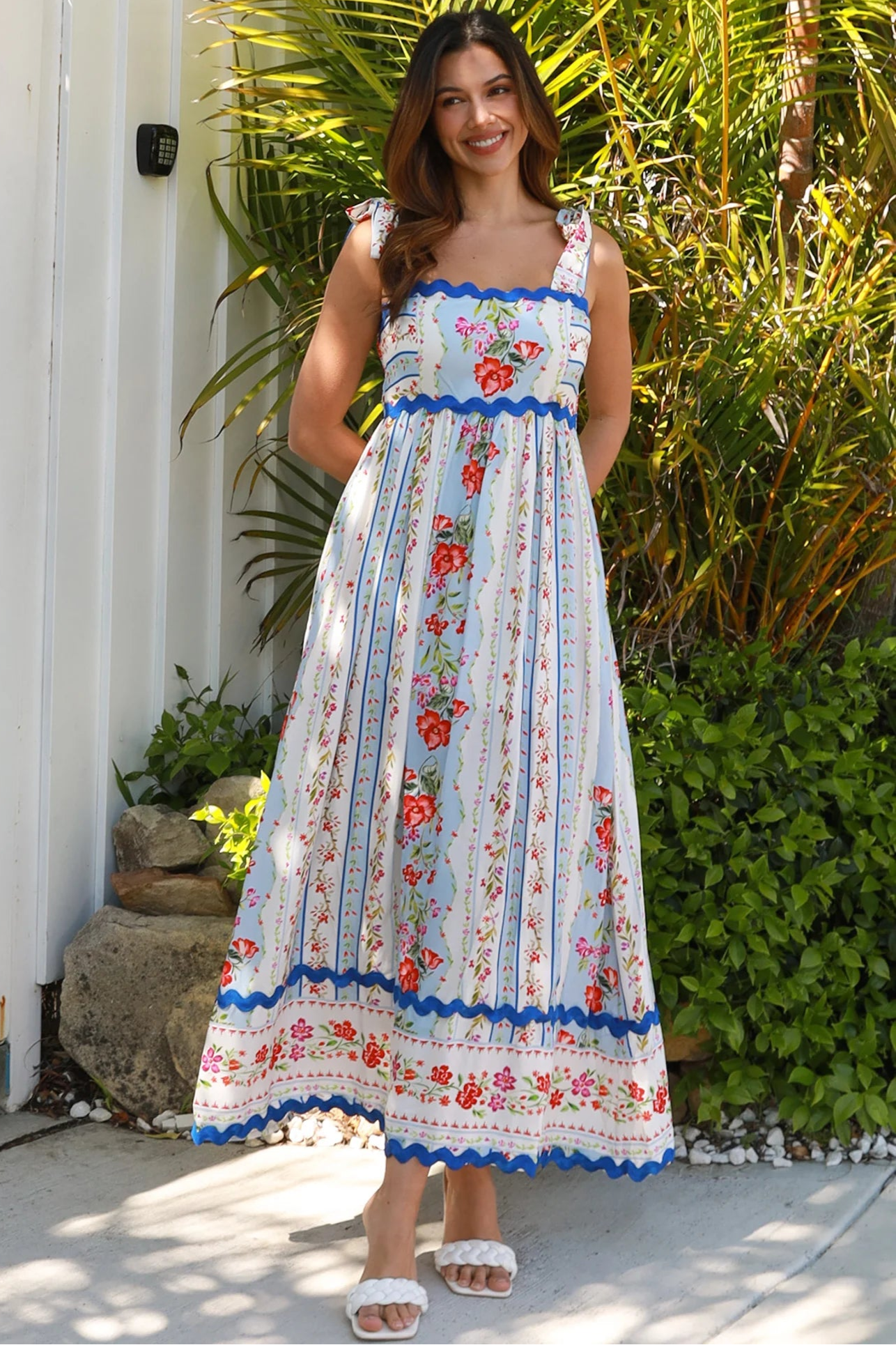 Boho Cherry Blossom Maxi Dress in sky blue with pink and yellow floral print, zig-zag lace, pockets - maxi dresses Australia