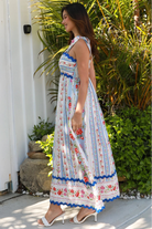 Boho Cherry Blossom Maxi Dress in sky blue with pink and yellow floral print, zig-zag lace, pockets - maxi dresses Australia