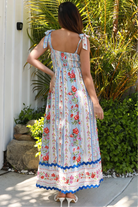 Boho Cherry Blossom Maxi Dress in sky blue with pink and yellow floral print, zig-zag lace, pockets - maxi dresses Australia